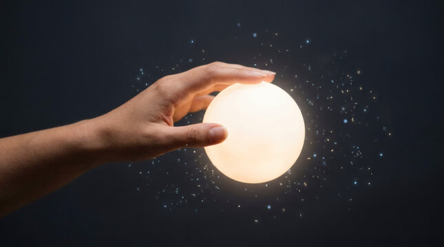 A serene minimalist image of a human hand gently touching a soft glowing orb of light while surrounded by faint floating digital particles, calm neutral background.