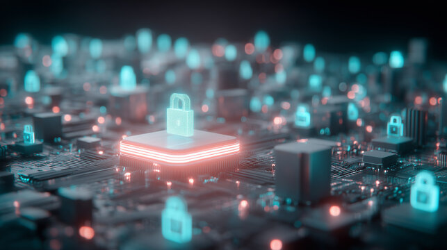 A digital lock on a circuit board landscape representing protected hardware systems, encrypted access, and cybersecurity across connected technology networks.

