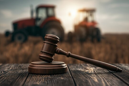 A judge gavel rests on a wooden table with tractors visible in a farm field in the background. This scene highlights the intersection of law and agriculture. Rural legal matters are emphasized here.