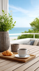 Fototapeta premium Morning pastry and coffee on a hotel terrace overlooking a tranquil ocean, a perfect scene for a luxury vacation or relaxing breakfast experience
