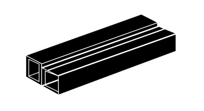Minimal black silhouette icon, simple flat vector, bold black shape, no, no shading two parallel square metal hollow section steel pipes on a, flat icon style