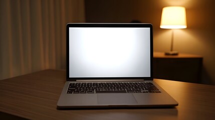 Fototapeta premium A laptop rests on a wooden surface illuminated by a warm table lamp in a cozy indoor setting