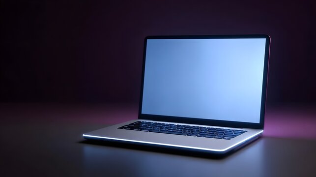 A modern laptop displays a bright screen set against a dark abstract background with vibrant blue and purple lighting