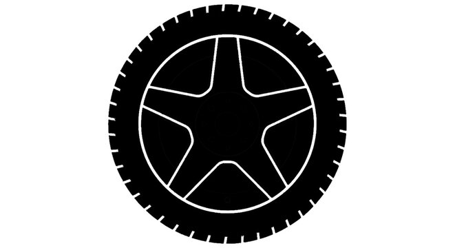 Minimal black silhouette icon, simple flat vector, bold black shape, no, no shading black silhouette of a car wheel with a fivespoke rim design on a, flat icon style