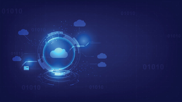 Digital cloud network with binary code background and glowing geometric shapes