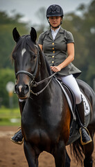 Obraz premium Woman riding a beautiful black horse. 