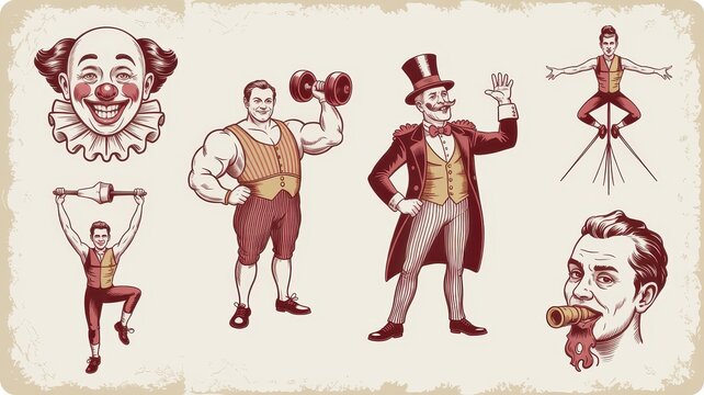 Retro circus entertainers collection including a clown muscle man ringmaster and balancing performers vintage hand drawn illustration