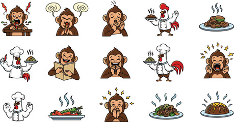 Cute cartoon monkey and rooster chef character sticker set with various funny expressions and delicious hot food plates © Kulsum