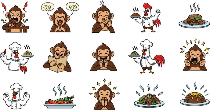 Cute cartoon monkey and rooster chef character sticker set with various funny expressions and delicious hot food plates