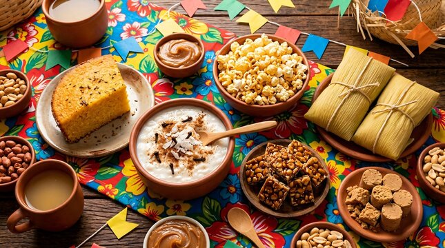 Top-Down View of Traditional Brazilian Festa Junina Food Table