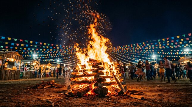 Glowing Bonfire with Blurred Festa Junina Village Stalls