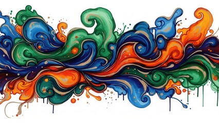 Fototapeta premium Abstract horizontal banner with swirling liquid paint waves in vibrant blue, green, and orange colors with paint drips on a white background