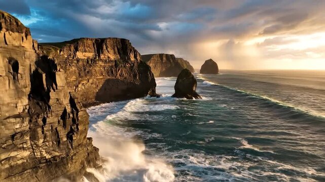 Rugged steep ocean cliffs with crashing waves at golden hour.