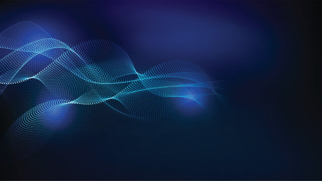 Abstract flowing lines of blue data points on a dark background digital network concept