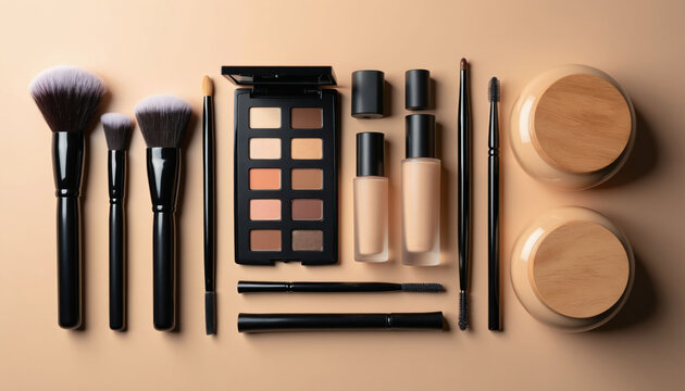 Collection of makeup items including brushes eyeshadow palette foundation and mascara. Cosmetic products arranged neatly for beauty application. Professional makeup artist tools laid out.