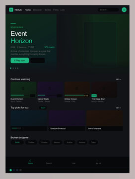 Dark Streaming Platform UI Kit &ndash; Movie App Dashboard with Emerald Green Accent Template

