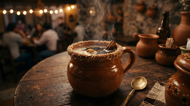 Steaming mexican cafe de olla in clay mug