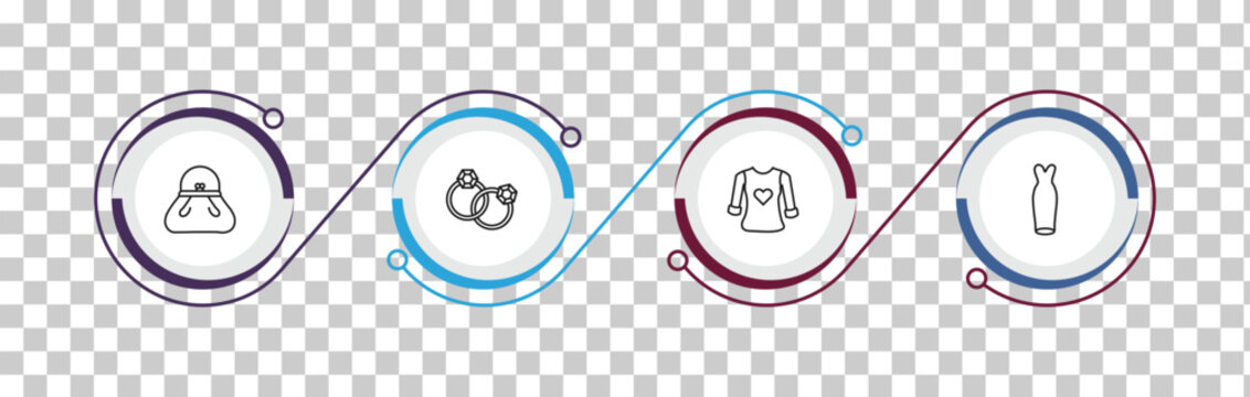 outline woman clothing icons set - female black handbag, round earrings, heart shaped clothes, strapless tube dress. editable vector for web and mobile ui