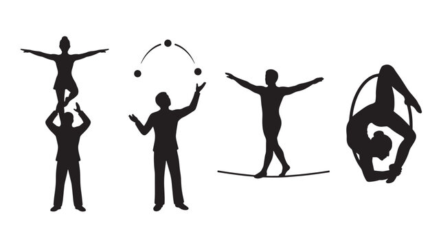 Silhouette Of People Performing Acrobatics And Juggling On White Background For Circus Concepts