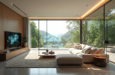 Fototapeta premium Modern living room shows virtual building plan on screen, window view. Interior design mixes natural landscape with digital technology for smart home visualisation. Contemporary furniture, decor add