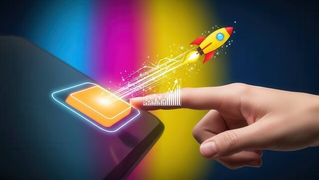Human finger pressing a glowing orange button on a tablet screen, launching a yellow cartoon rocket with light trails and a bar graph