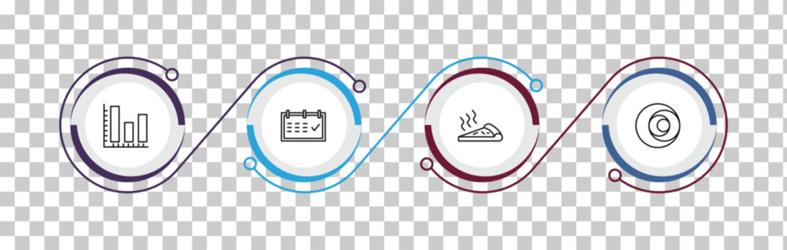 outline ultimate glyphicons icons set - three bars graph, calendar checked, pizza piece, circle sizes. editable vector for web and mobile ui