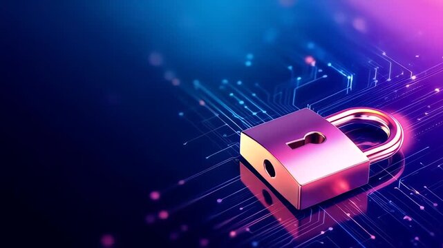 Golden pink padlock tilting on a neon circuit board, symbolizing cybersecurity and data protection in a futuristic digital security concept