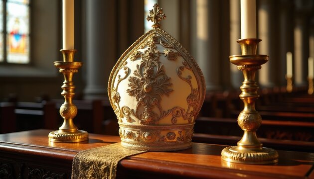Ornate bishop mitre on church altar with golden candelabra and burning candles. Religious vestment is white with rich gold embroidery. Stained glass window adds color.