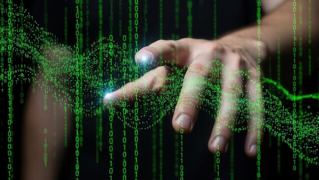 Human hand reaching into a glowing green digital stream of binary code, data particles, and flowing matrix numbers on a black background