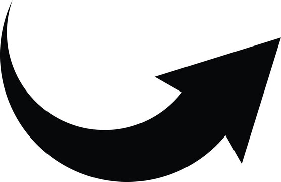 Black curved arrow pointing to the right on a white background simple graphic design