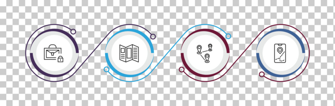 outline travel icons set - secure briefcase, brochure, road map and pin, mobile map. editable vector for web and mobile ui