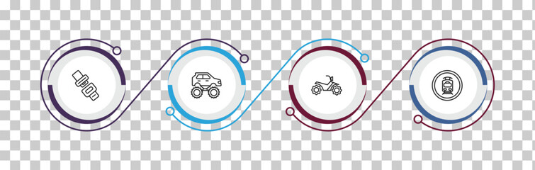 outline transport icons set - seatbelt, monster truck, quad bike, tram stop label. editable vector for web and mobile ui © IconArt