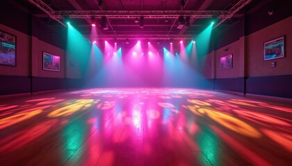 Empty roller skating rink with pink and teal disco lights on wooden floor. Colorful patterns cast by stage lighting onto the polished surface create a fun retro atmosphere for dancing and music.