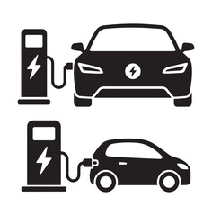 Naklejka premium Electric Vehicle Charging Station Icon Set Featuring Modern EV Cars and Power Charger Symbols in Minimalist Black Silhouette Vector Illustration Design