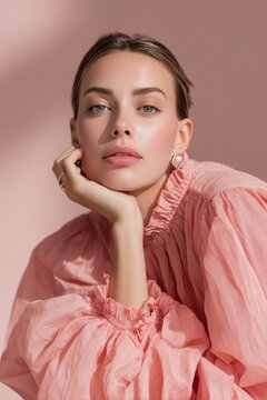 Elegant young woman with light skin in a pink blouse, posing serenely against a soft backdrop.