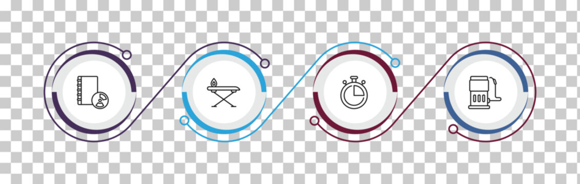 outline tools and utensils icons set - book with cd rom, iron table, stopwatch, fuel oil bomb service. editable vector for web and mobile ui
