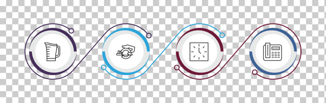 outline tools and utensils icons set - pitcher with levels, power saw, clocks, modern telephone. editable vector for web and mobile ui