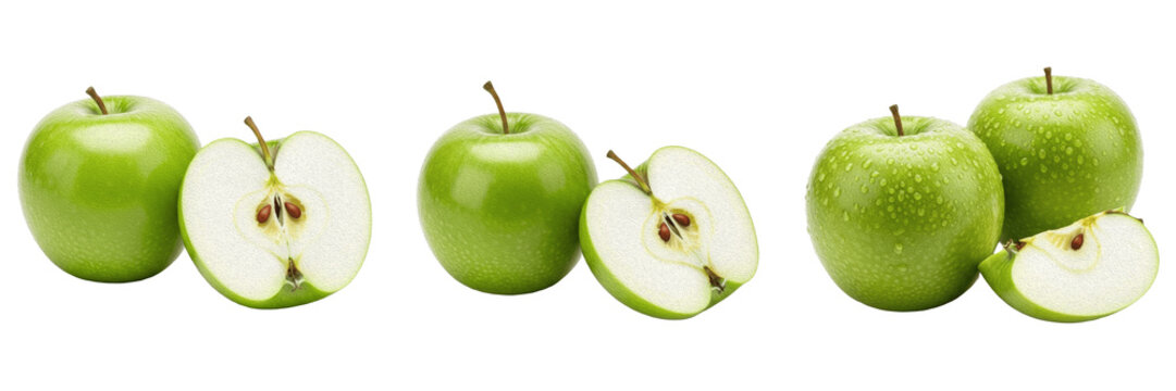 Set and collection of fresh green granny smith apples whole and cut halves juicy autumn crop isolated on white transparent png background