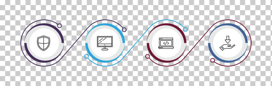 outline technology icons set - shields, computer screen linux, back end, receive. editable vector for web and mobile ui