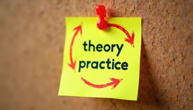 Yellow sticky note on corkboard shows text theory practice with circular arrows. Symbolizes concept connection, learning cycle, and application of ideas for business or education.