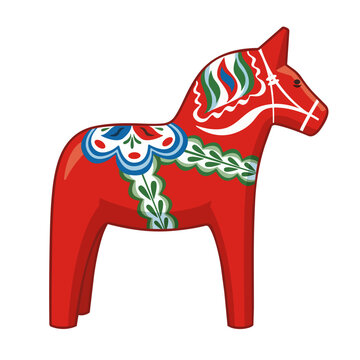 Dalecarlian horse - Swedish traditional wooden figurine, Hand drawn vector illustration.