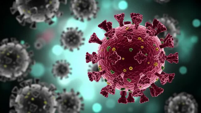 Extreme macro video of a vibrant crimson red SARS-CoV-2 like virus with glycoprotein spikes, razor-sharp in foreground, blurred particles with bokeh background. Viral outbreak concept