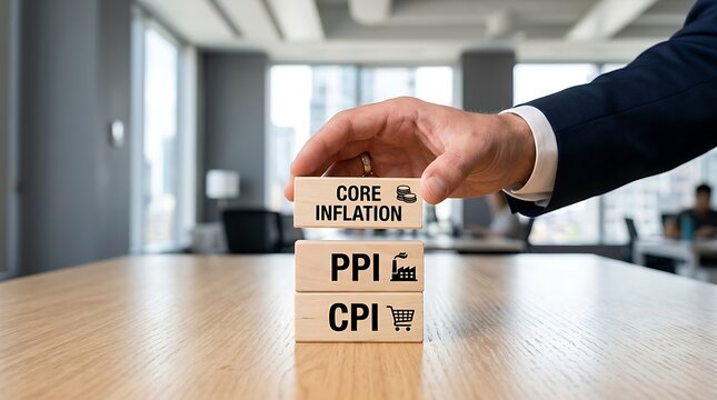 Businessman placing wood blocks with economic terms on table