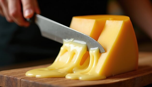 Knife slices yellow raclette cheese block on wood board. Molten cheese strings stretch, melt onto surface. Delicious dairy product, creamy texture, food preparation.