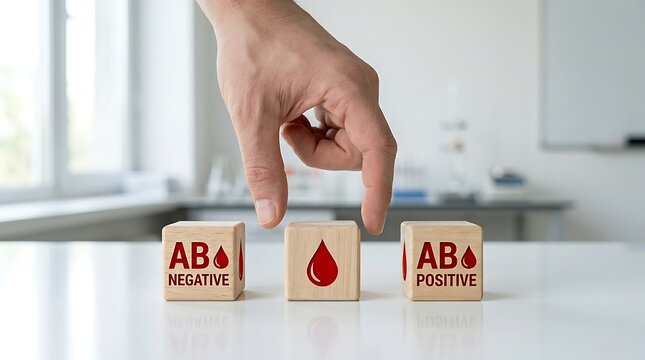 Hand placing blood type block on table in office