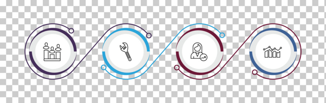outline seo and web icons set - polling, adjustable spanner, woman success, data graphic. editable vector for web and mobile ui