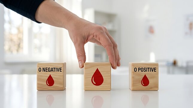 Hand placing wooden block with blood type O positive