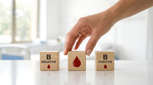 Hand placing wooden block with blood type on table
