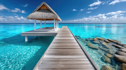 Fototapeta premium Wooden pier extending over shallow turquoise water with a vibrant blue sky overhead, white clouds reflecting on the calm ocean surface, inviting a serene tropical escape and summer travel dreams