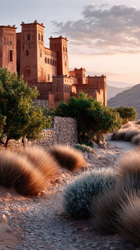 Ancient Ksar structures with traditional Moroccan architecture built from earth and clay, standing against a sunset sky and arid mountains, creating a timeless scene of a fortified village